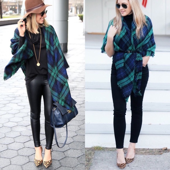 AMANDA✨ classic plaid blanket scarf green navy - Picture 4 of 8